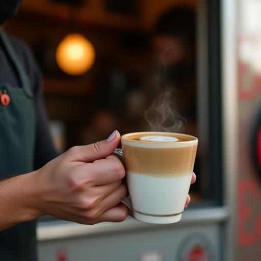 Barista serving flat white from food truck window